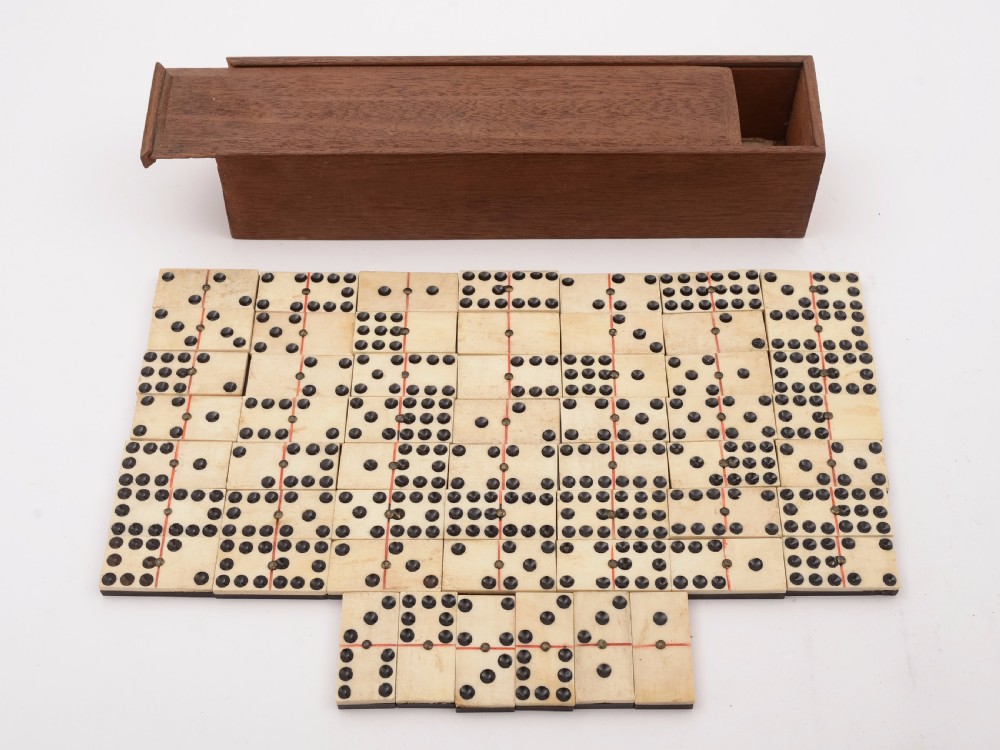 Mahogany Boxed Set of Nines Dominoes, Circa 1900 