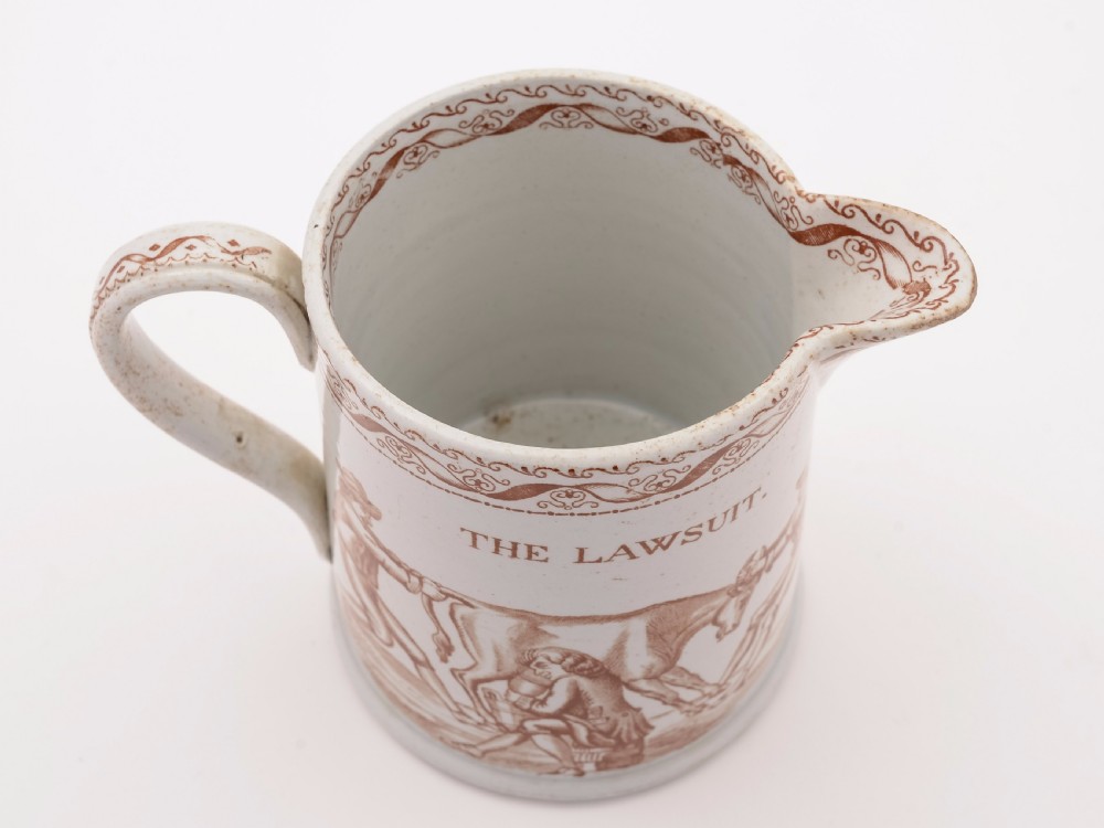 Victorian Comedic Transfer Printed 'Lawsuit' Pottery Jug, Circa 1880 View III