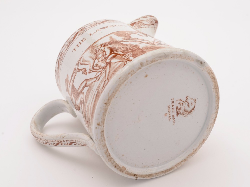 Victorian Comedic Transfer Printed 'Lawsuit' Pottery Jug, Circa 1880 View IV