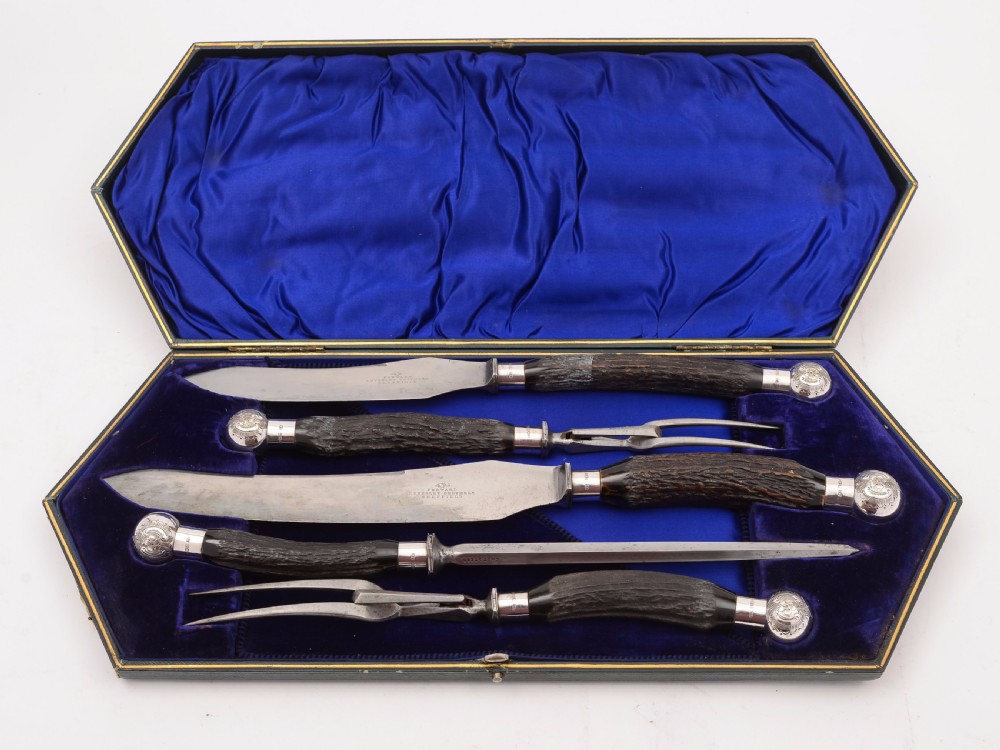 Victorian Cased Antler Handled 5 Piece Carving Set, 1899
