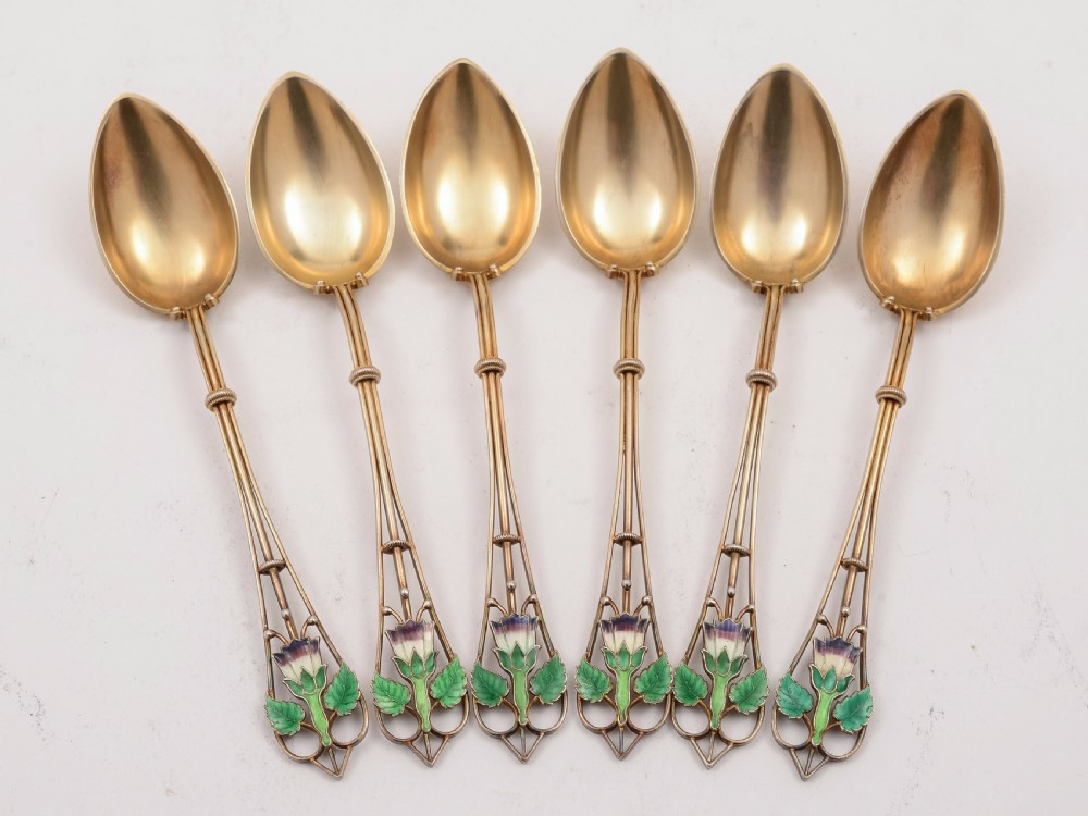 Set of Six .830 Silver Gilt and Enamel Spoons View II