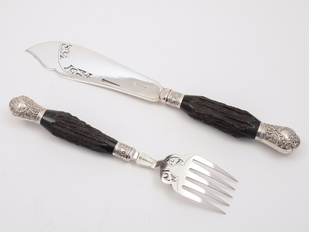 Edwardian Antler and Silver Handled Fish Servers View II