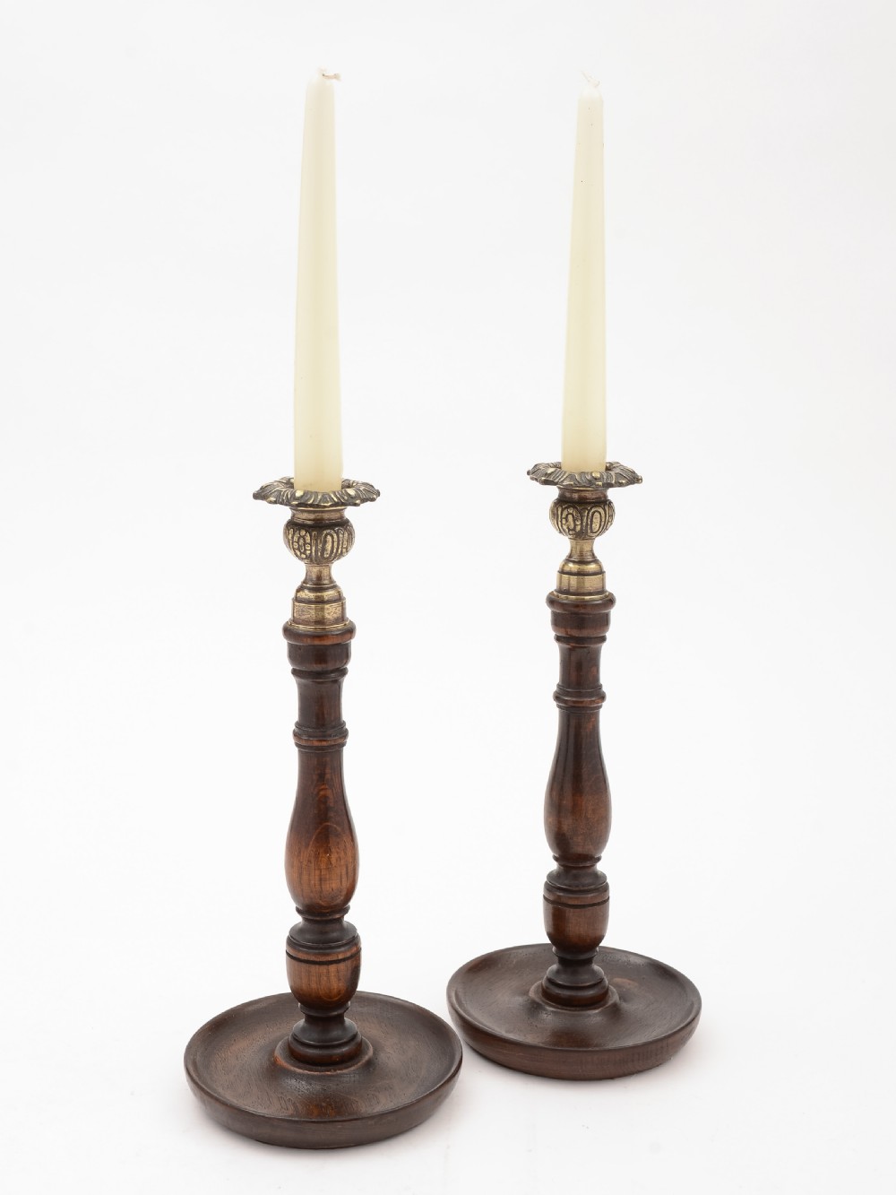 Pair of Turned Oak Candlesticks, Circa 1920