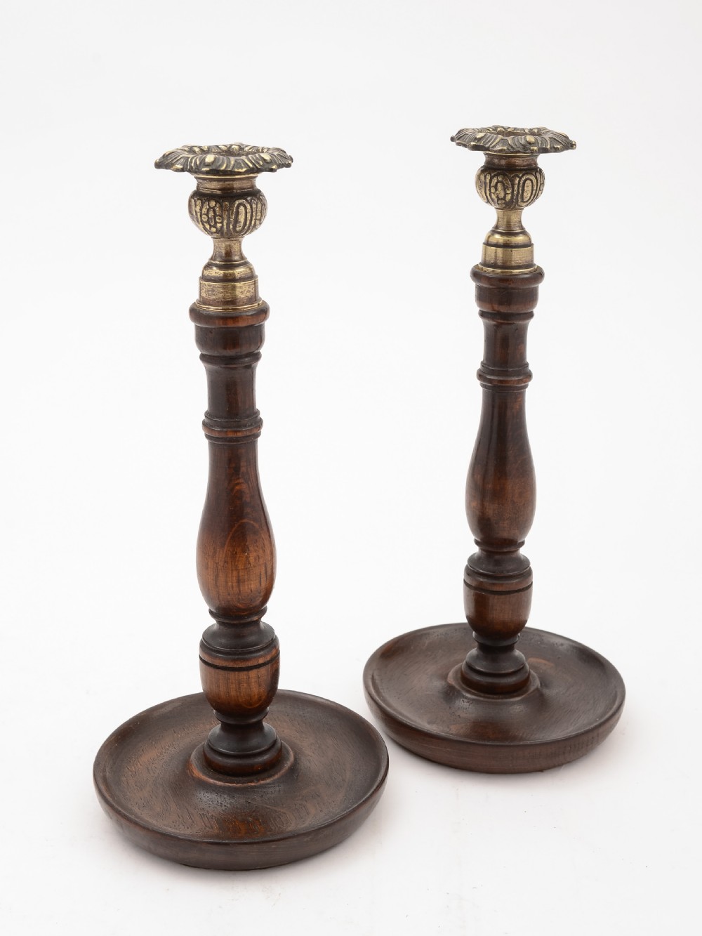 Pair of Turned Oak Candlesticks, Circa 1920 View II