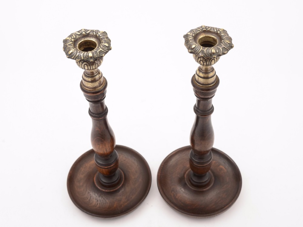 Pair of Turned Oak Candlesticks, Circa 1920 View IV