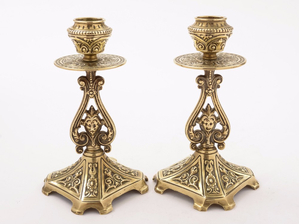 Pair of Victorian Brass Candlesticks in Tudor Style, Circa 1890