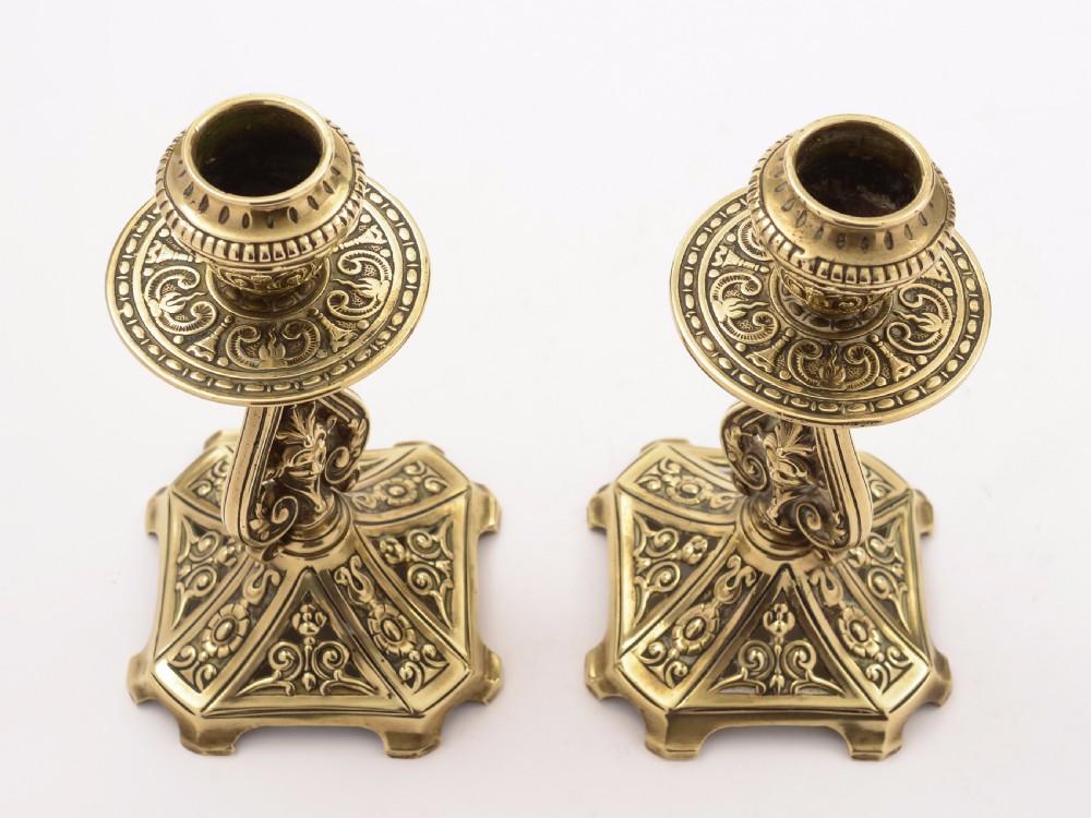 Pair of Victorian Brass Candlesticks in Tudor Style, Circa 1890 View II