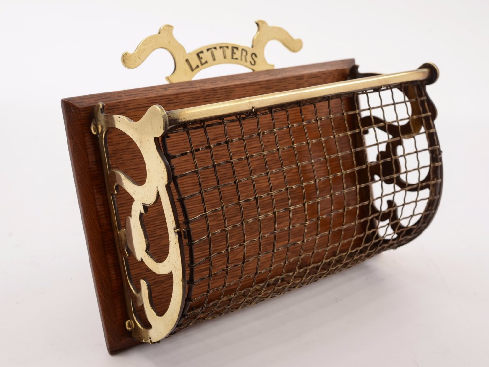 Edwardian Wall Brass and Oak Letter Rack, Circa 1905