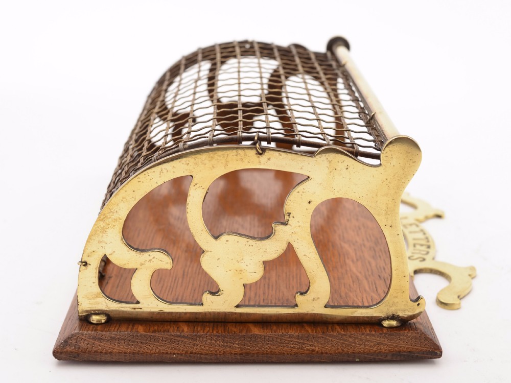 Edwardian Wall Brass and Oak Letter Rack, Circa 1905 View III