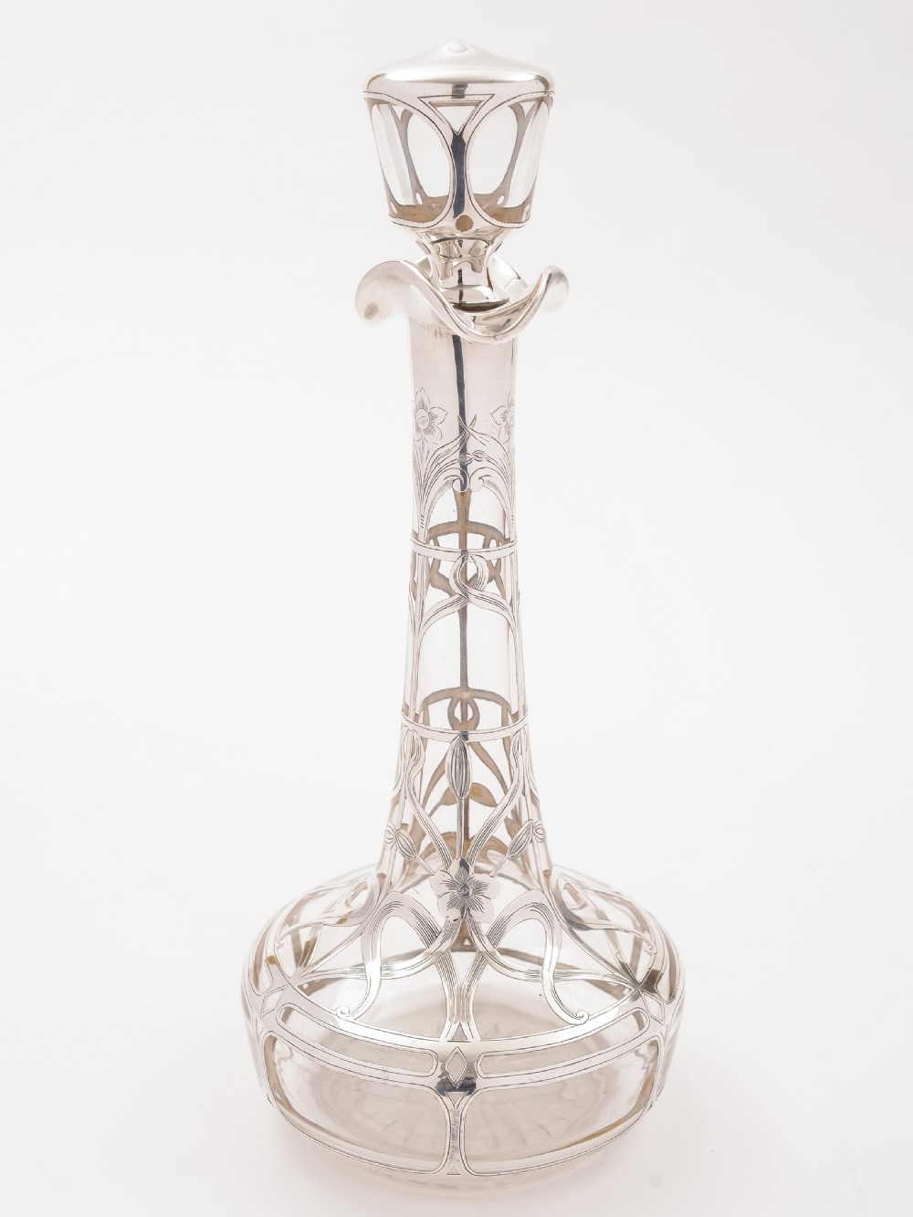 American Art Nouveau Silver Overlay Decanter, Circa 1900