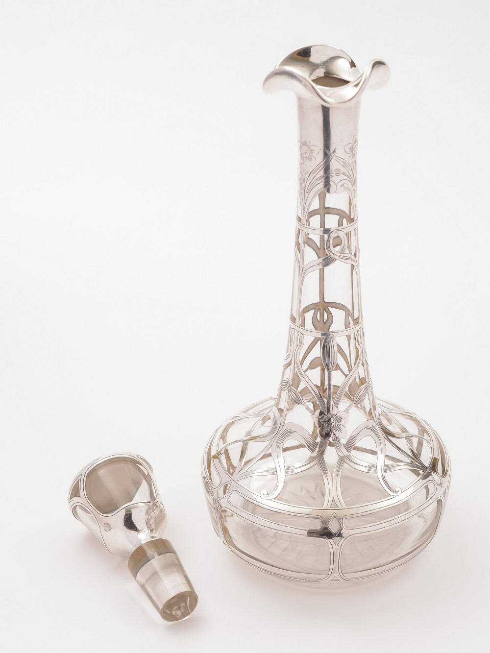 American Art Nouveau Silver Overlay Decanter, Circa 1900 View III