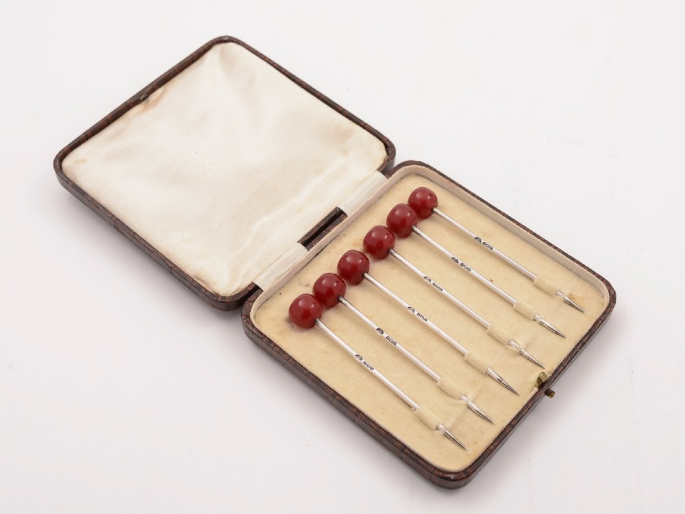 Set of 6 Cased Art Deco Silver Cocktail Sticks, Birmingham 1928