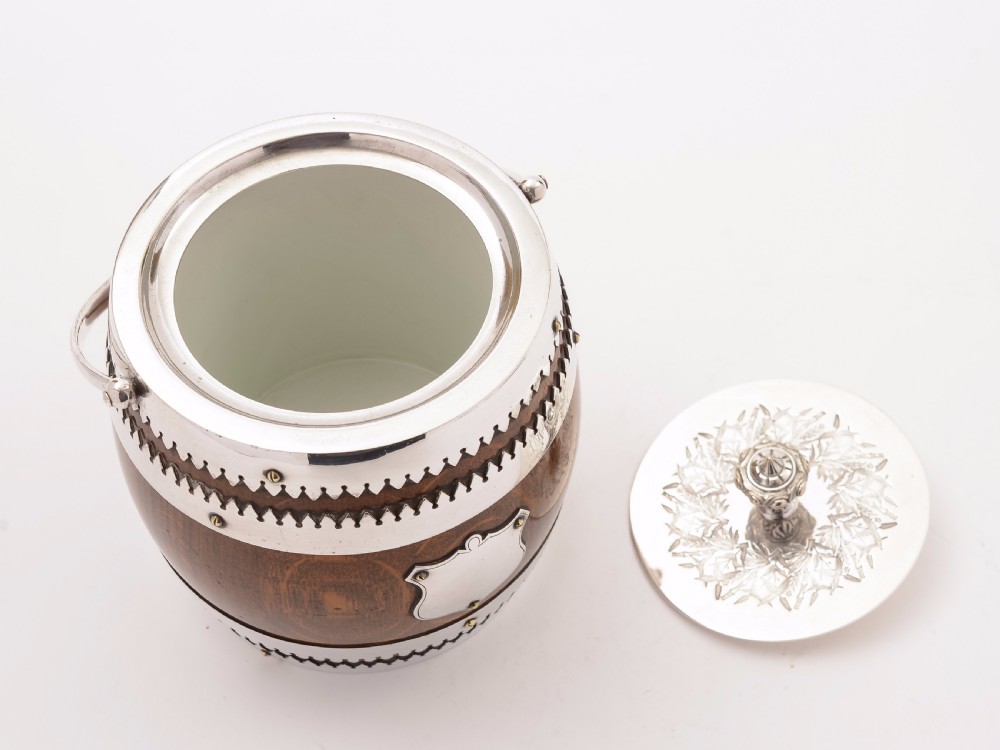 Victorian Oak and Silver Plated Biscuit Barrel, Circa 1890 View III