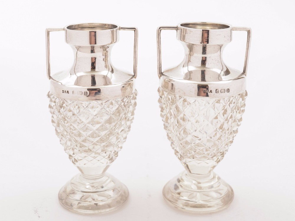 Pair of Cut Glass Silver Topped Vases, Birmingham 1900