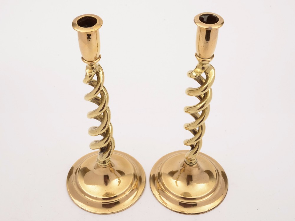 Pair of Brass Open Barley Twist Candlesticks, Circa 1920 View II