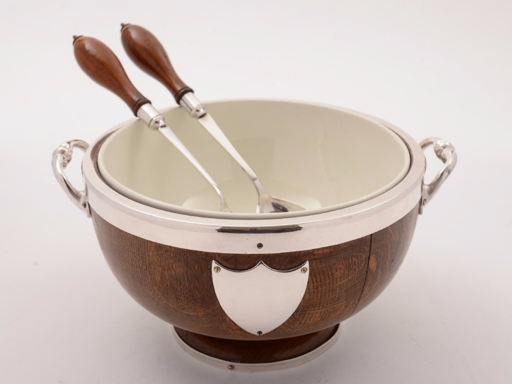 Victorian Oak and Silver Plated Salad Bowl, Circa 1890