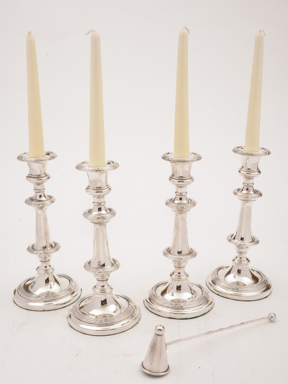 Set of 4 Victorian Candlesticks with Snuffer, Circa 1890