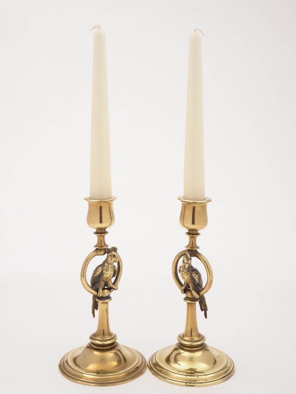Pair of French Brass Parrot Candlesticks, Circa 1900