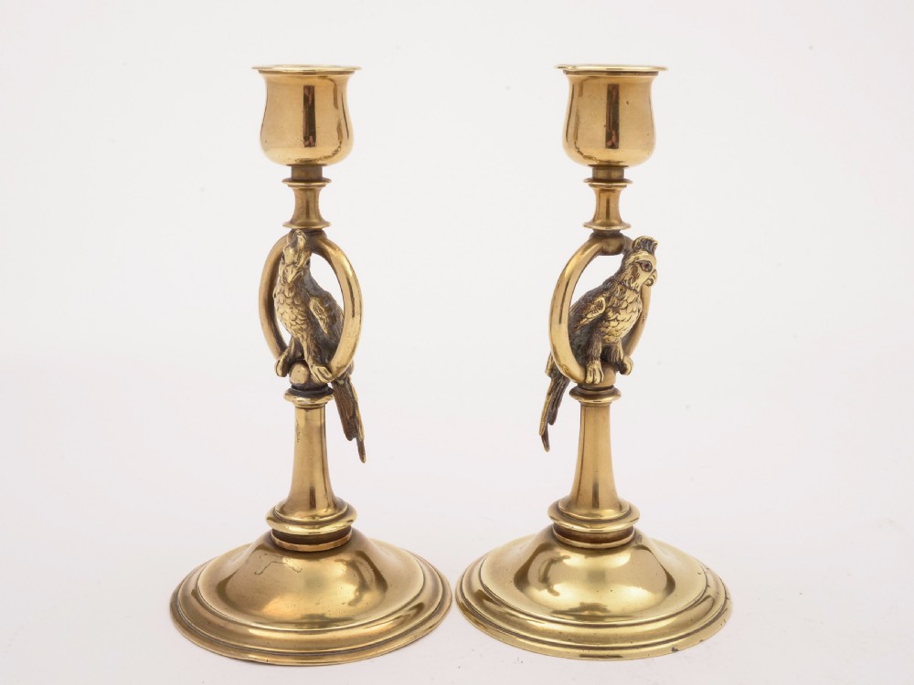Pair of French Brass Parrot Candlesticks, Circa 1900 View IV