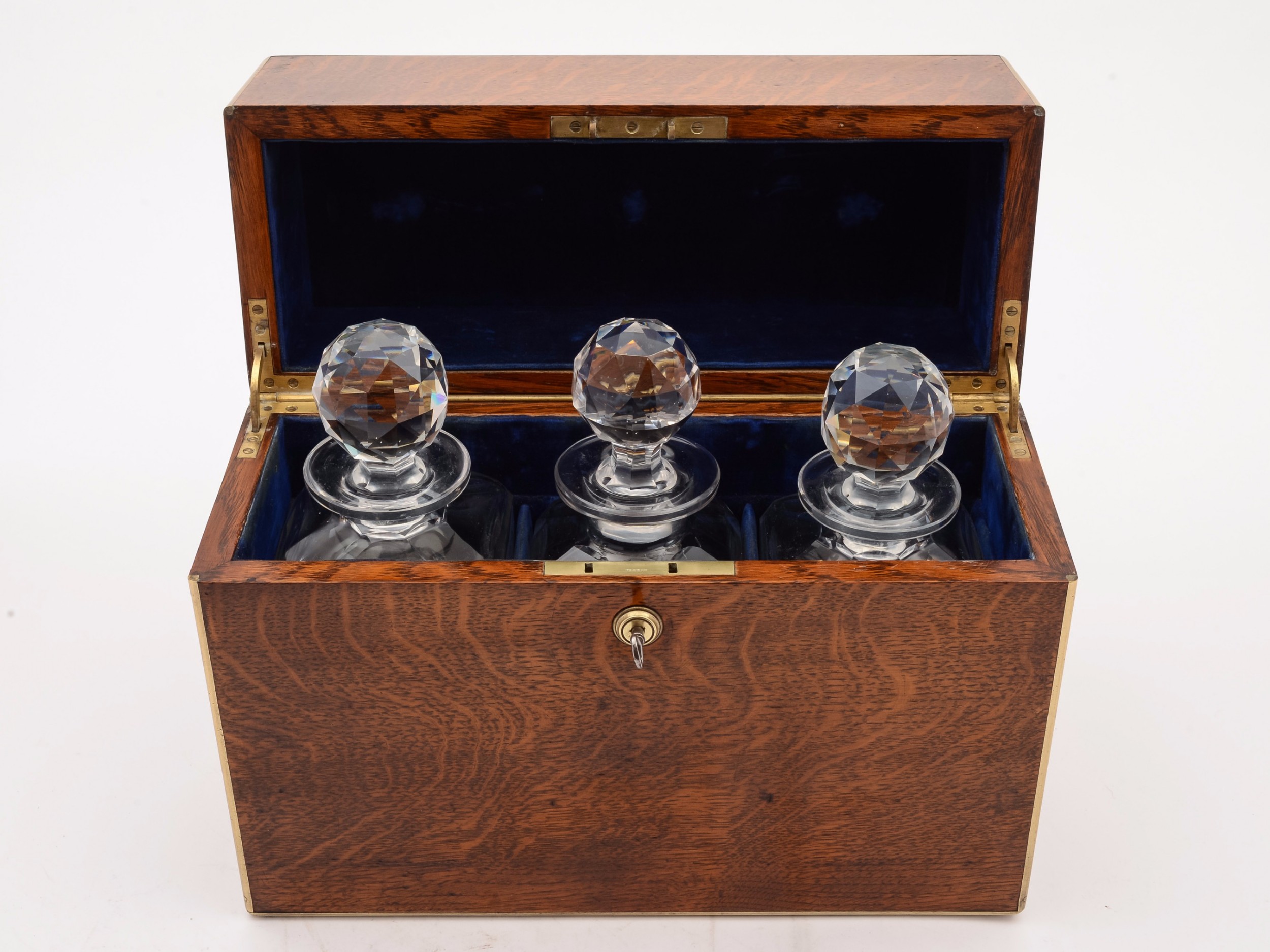 Victorian Oak Cased Three Bottle Tantalus, Circa 1880