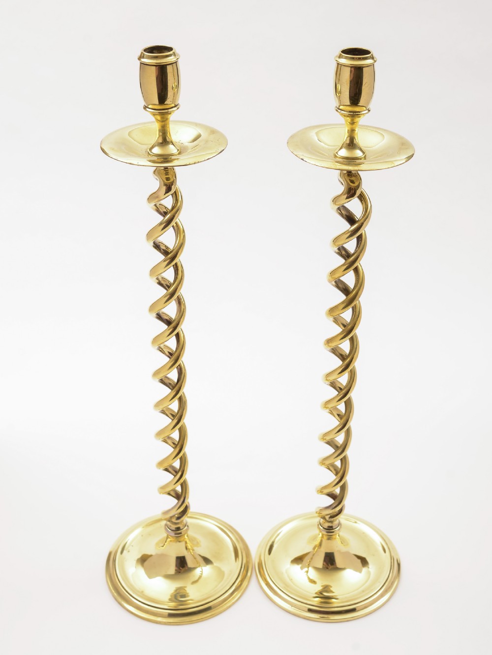 Pair of Brass Open Barley Twist Candlesticks, Circa 1920