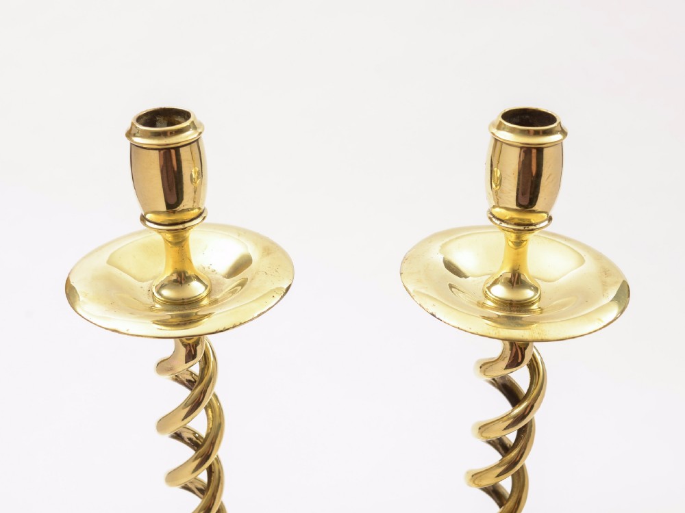Pair of Brass Open Barley Twist Candlesticks, Circa 1920 View II