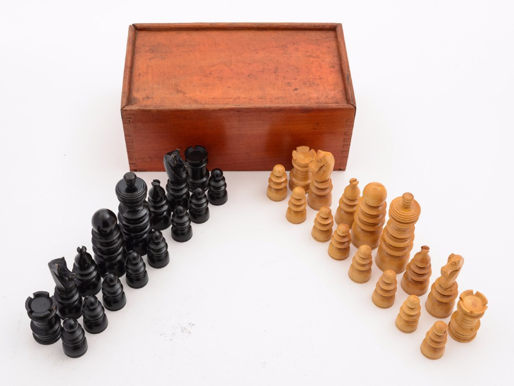 Cased Regency Style Boxwood Chess Set, Circa 1920 View II