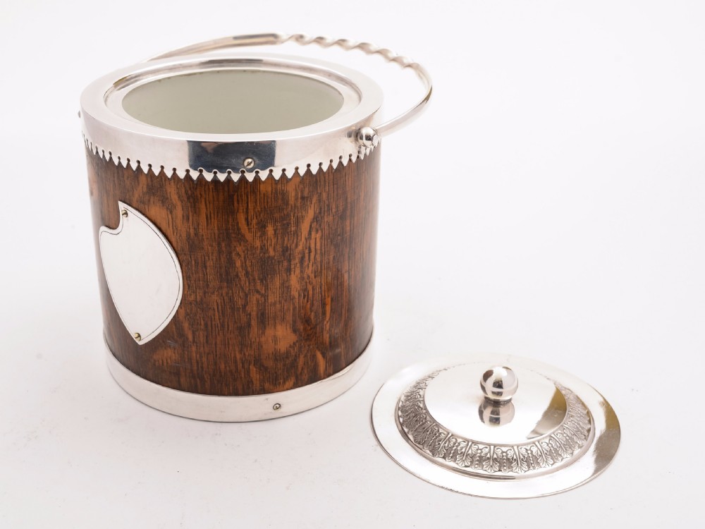 Victorian Oak and Silver Plated Biscuit Barrel, Circa 1890 View II