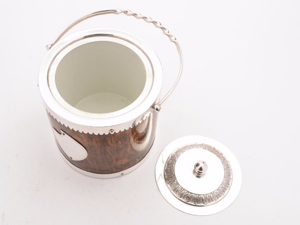 Victorian Oak and Silver Plated Biscuit Barrel, Circa 1890 View III