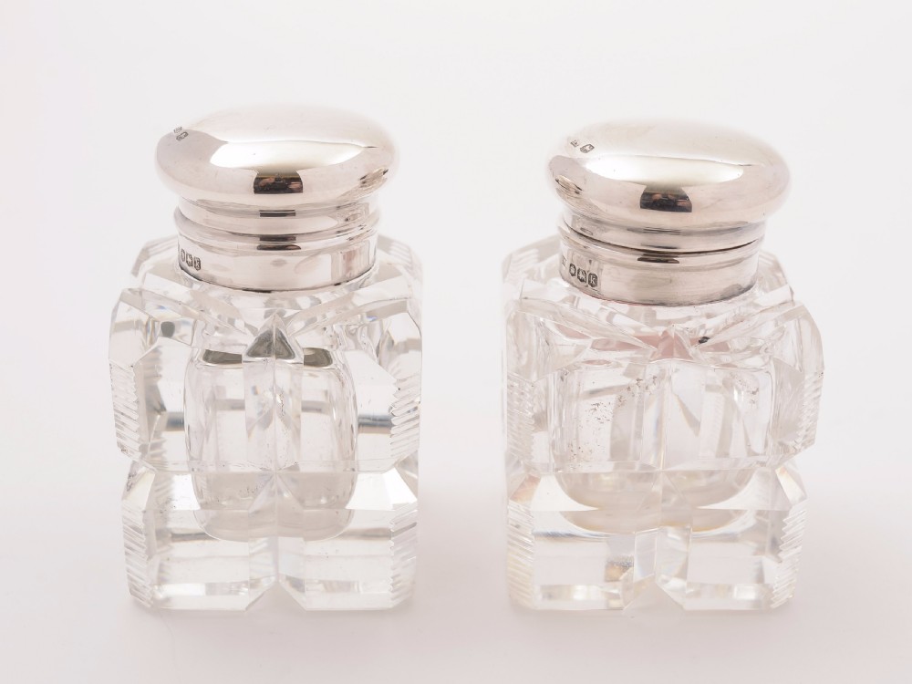 Pair of Silver Topped Cut Glass Ink Pots, Sheffield 1927