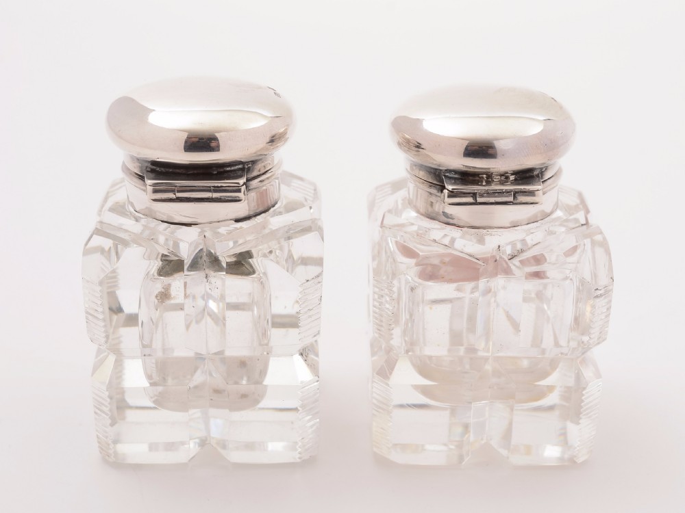 Pair of Silver Topped Cut Glass Ink Pots, Sheffield 1927 View II