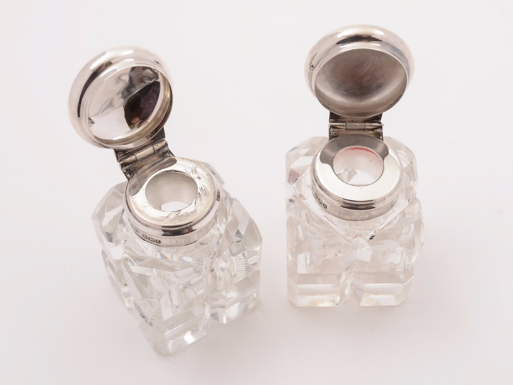 Pair of Silver Topped Cut Glass Ink Pots, Sheffield 1927 View III