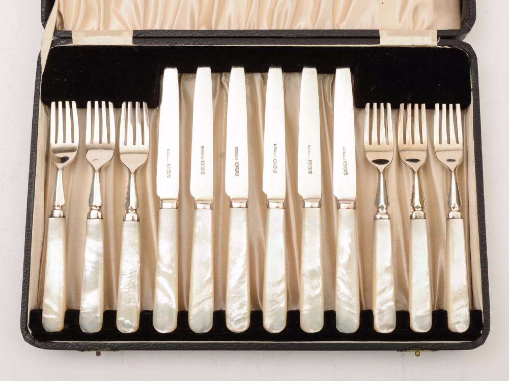 Cased Silver and Mother of Pearl Dessert Set, Sheffield 1933