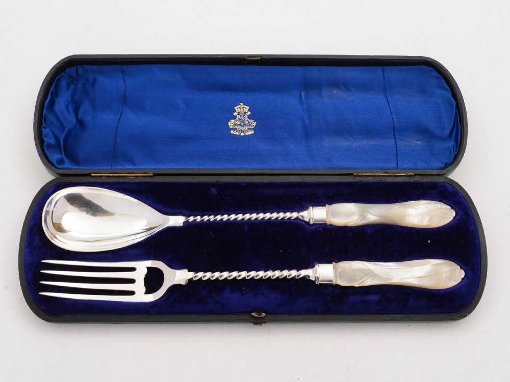Elkington Silver Plated and Mother of Pearl Salad Servers, Circa 1880