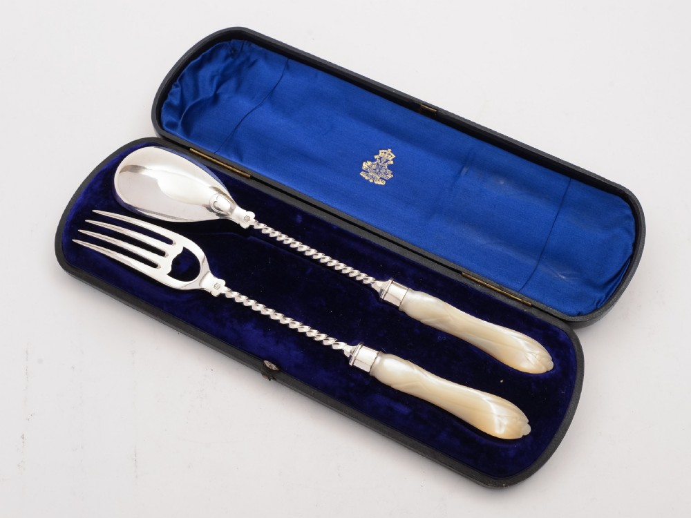 Elkington Silver Plated and Mother of Pearl Salad Servers, Circa 1880 View II