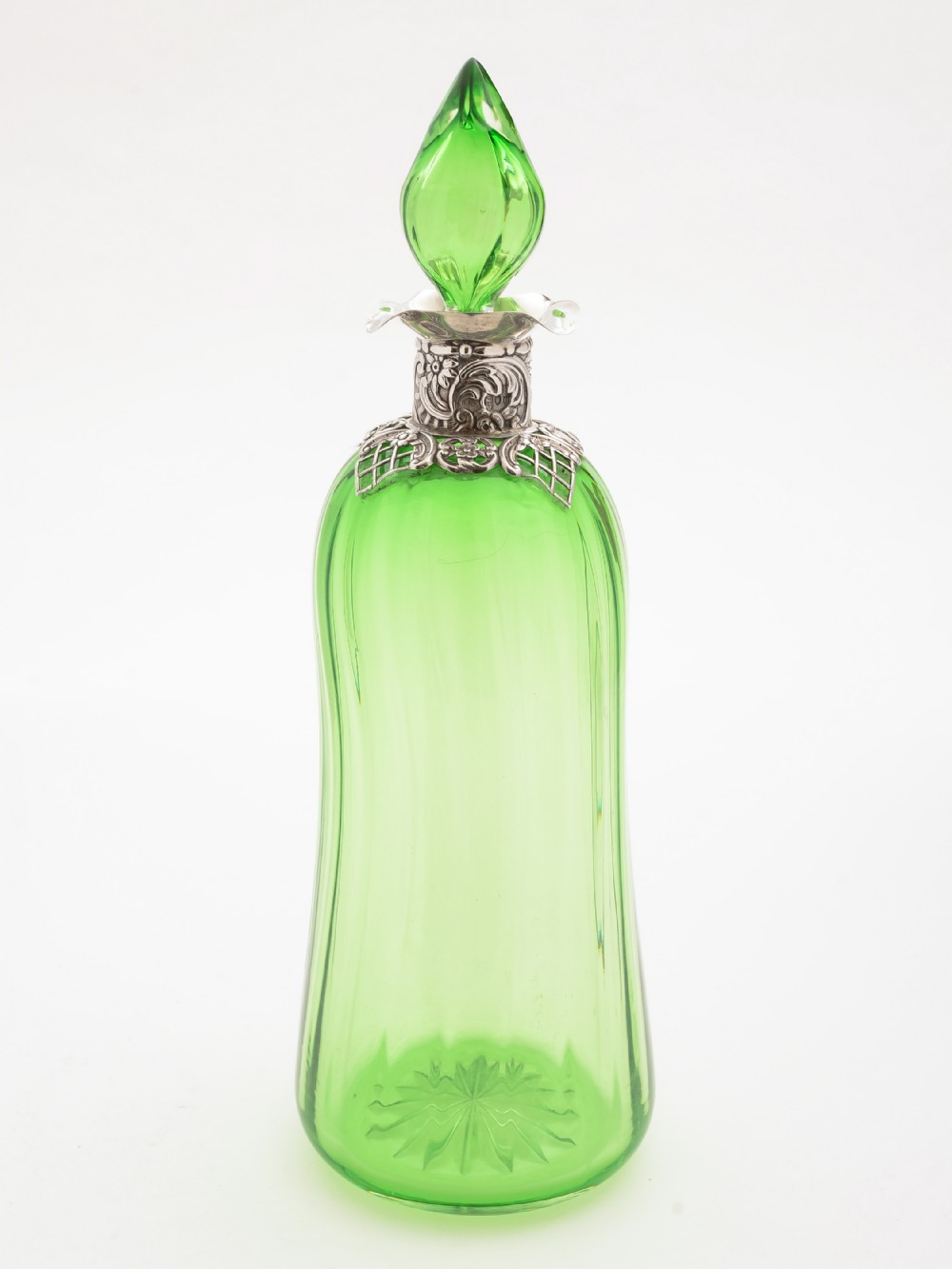 Victorian Green Glass and Silver Topped Decanter, London 1895