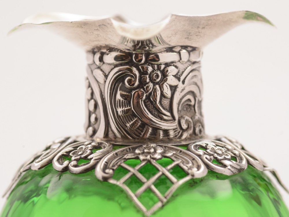 Victorian Green Glass and Silver Topped Decanter, London 1895 View IV