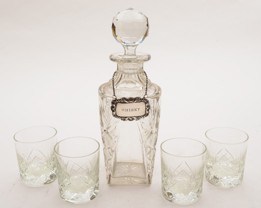 Whiskey Decanter with 4 Whiskey Tumblers, Circa 1920