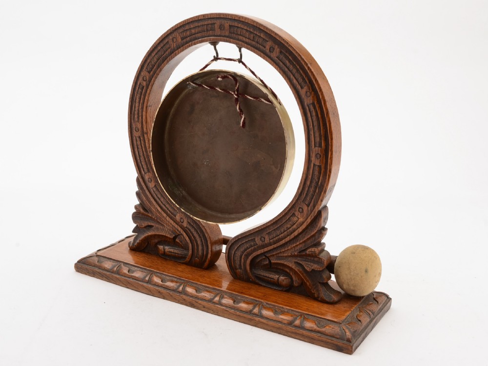 Edwardian Oak and Brass Dinner Gong, Circa 1905 View II