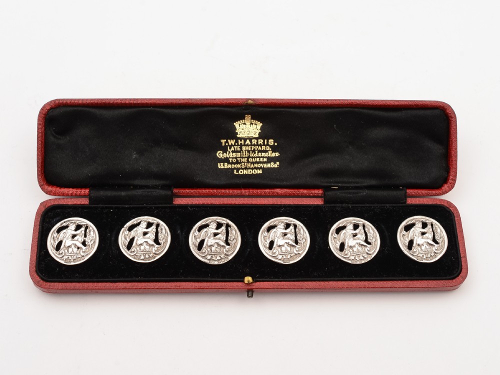 Art Nouveau Cased Set of 6 Silver Buttons, Birmingham 1900