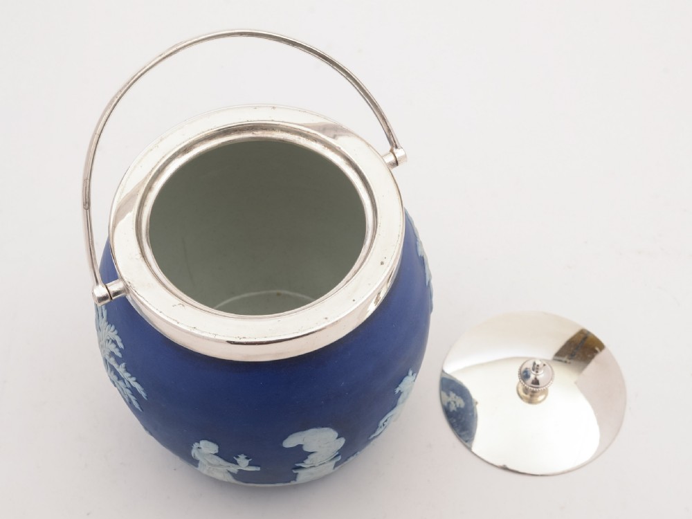 Wedgwood Blue Jasperware Biscuit Barrel, Circa 1900 View II