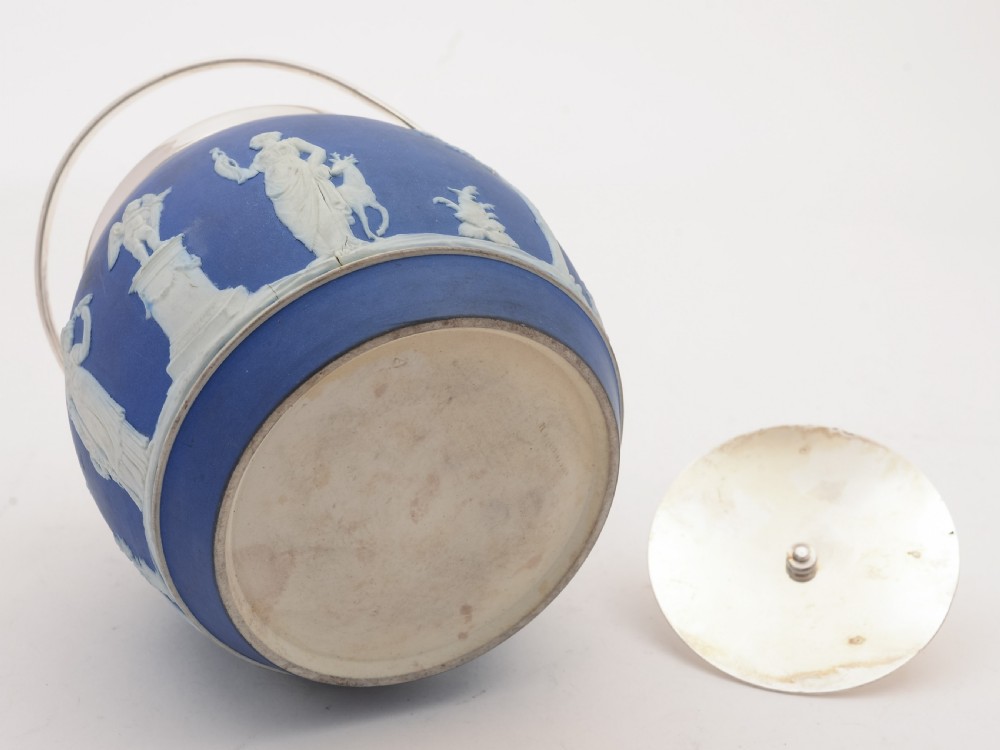 Wedgwood Blue Jasperware Biscuit Barrel, Circa 1900 View III