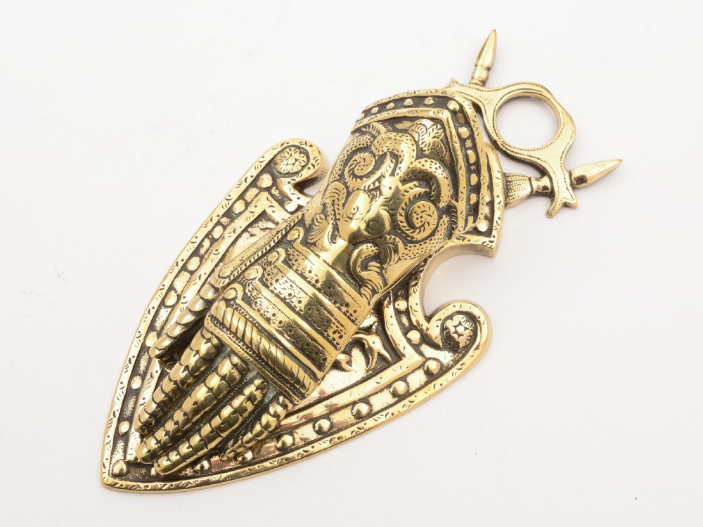 Victorian Brass Knights Gauntlet Note Holder, Circa 1890