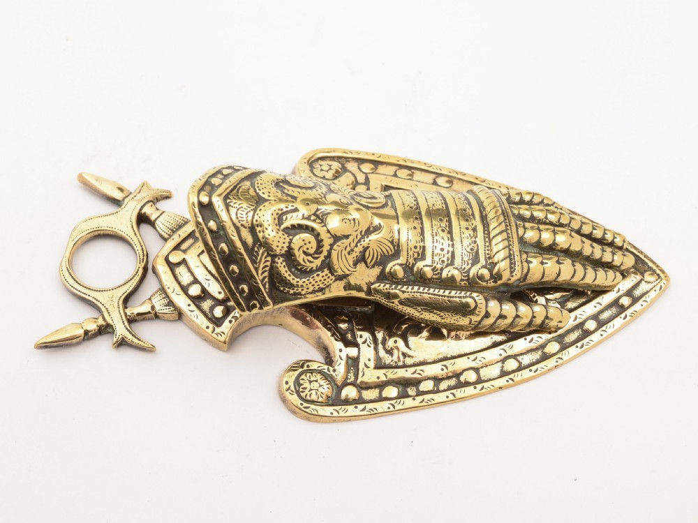 Victorian Brass Knights Gauntlet Note Holder, Circa 1890 View III