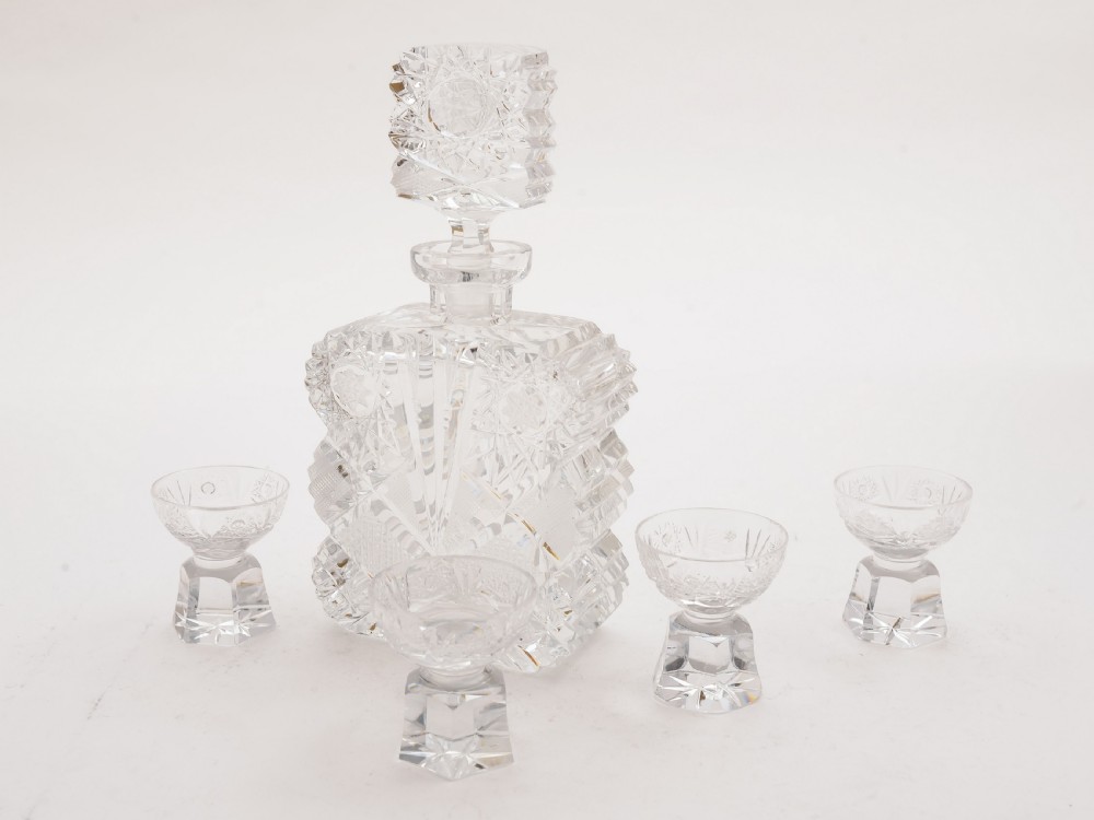 Bohemian Cut Glass Decanter and Glasses, Circa 1930