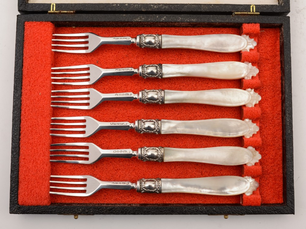 Set of 6 Silver and M.O.P Dessert Forks, Sheffield 1858 View V