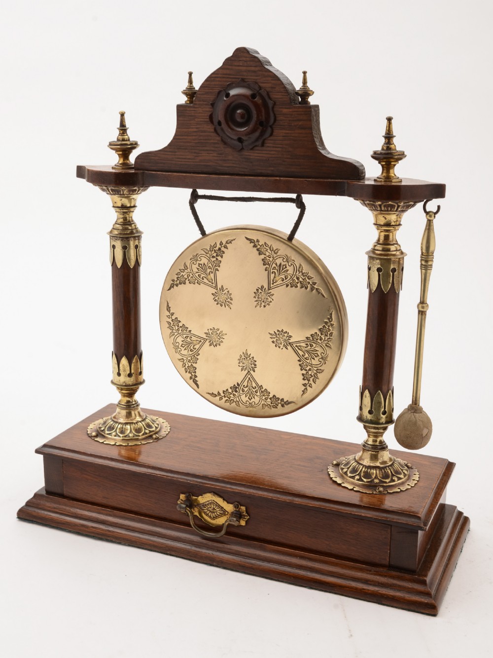 Edwardian Brass and Oak Gong, Circa 1905