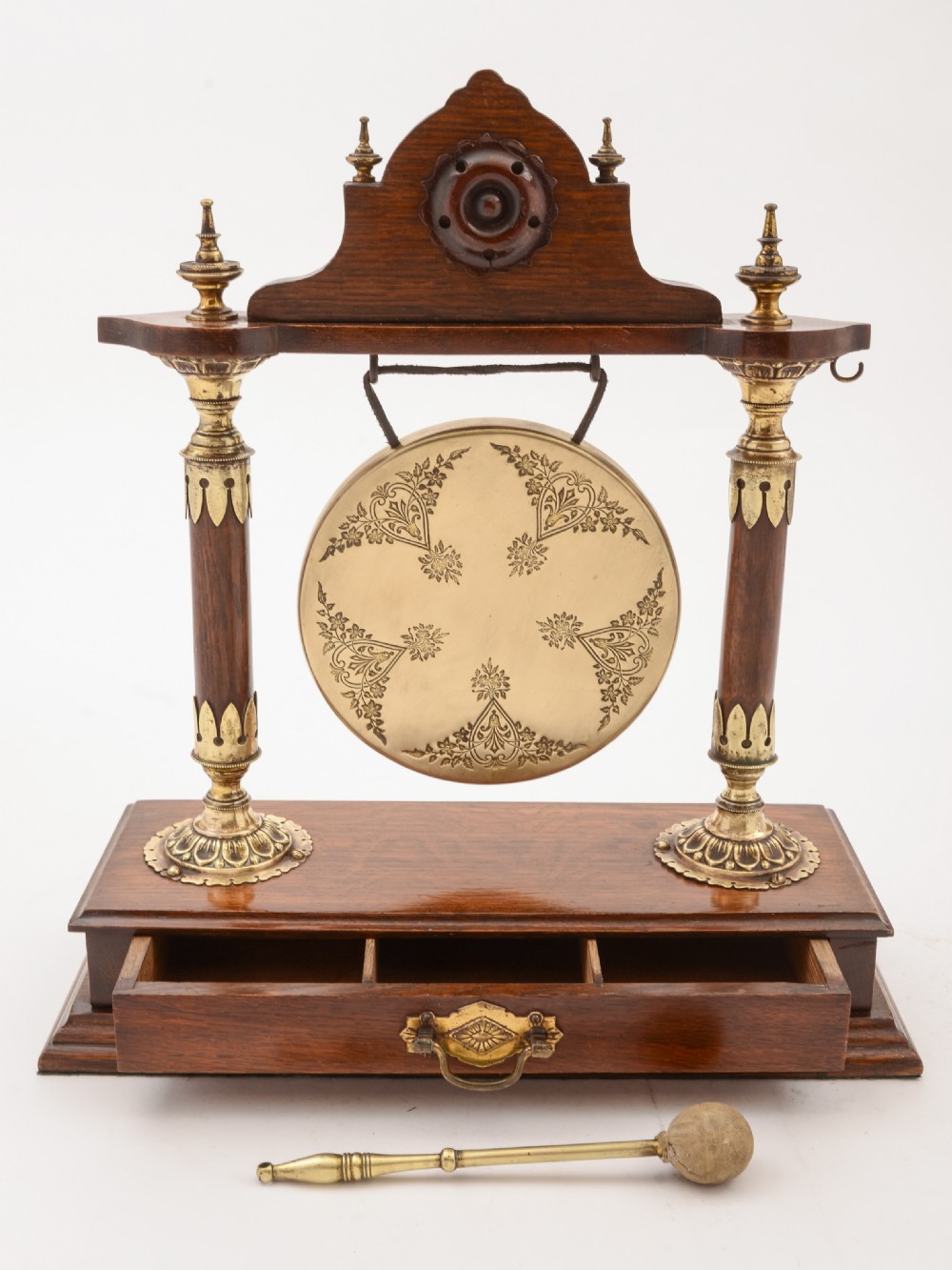 Edwardian Brass and Oak Gong, Circa 1905 View III