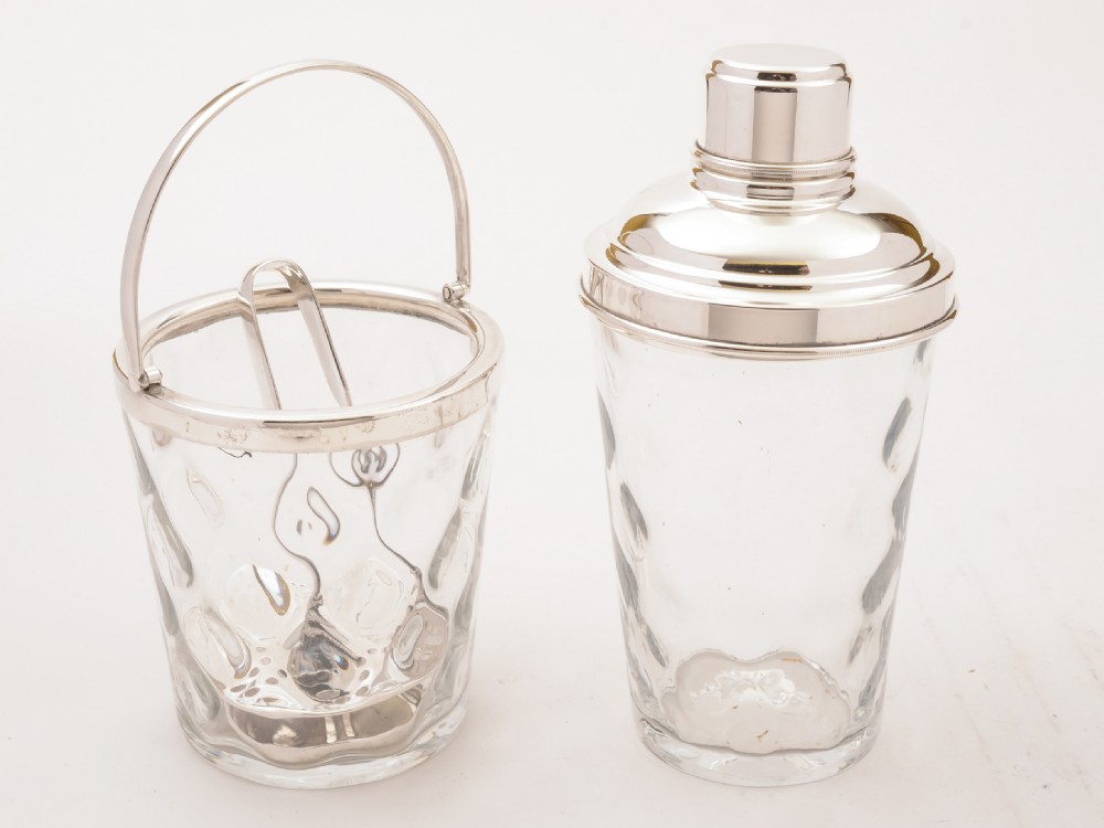 Glass & Silver Plated Cocktail Shaker with Ice Bucket, Circa 1930