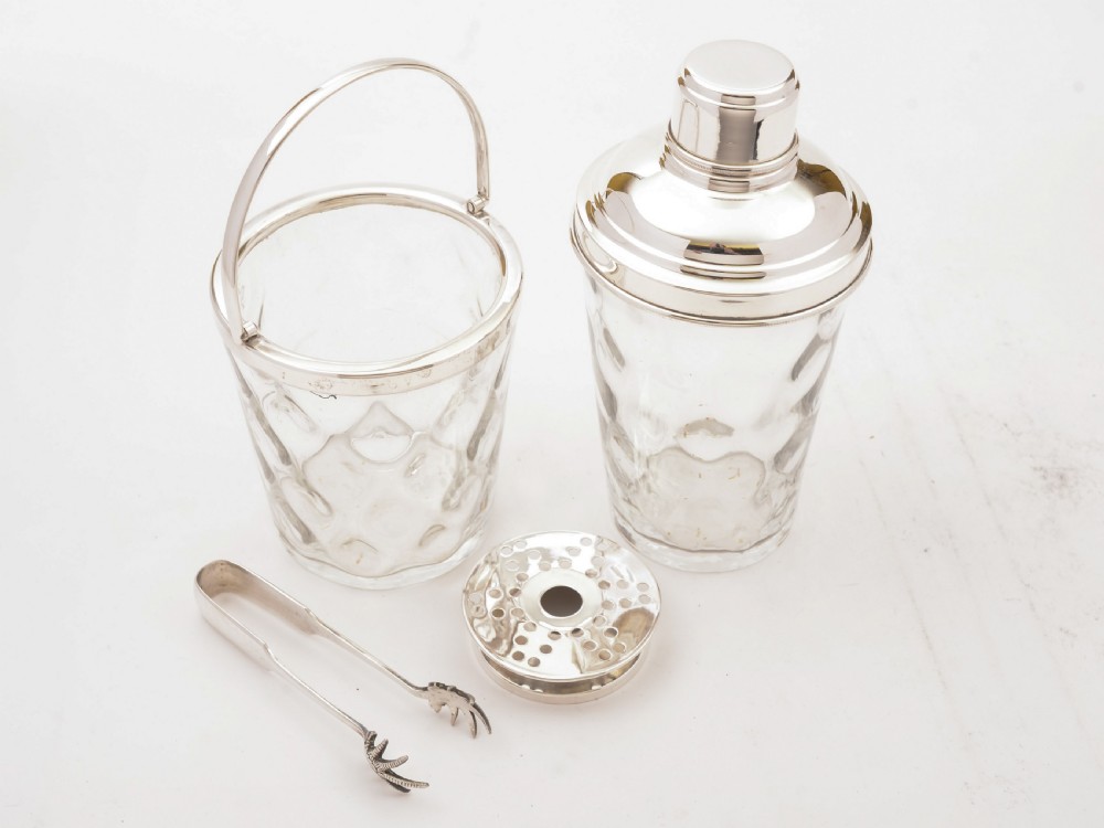Glass & Silver Plated Cocktail Shaker with Ice Bucket, Circa 1930 View II